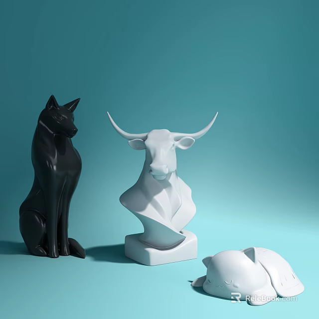 Decorative Ornament Set With Black Wolf White Bull And Rabbit Figurines On Light Blue Background 3d model 