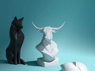 Decorative Ornament Set With Black Wolf White Bull And Rabbit Figurines On Light Blue Background 3d model