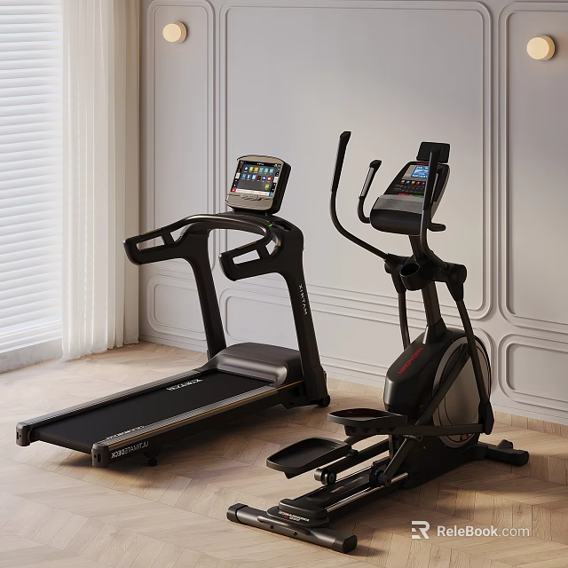 Contemporary Indoor Fitness Space With Treadmill Elliptical Trainer And Smart Screens 3d model 