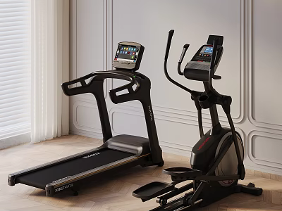 Contemporary Indoor Fitness Space With Treadmill Elliptical Trainer And Smart Screens 3d model