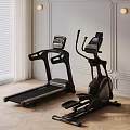 Contemporary Indoor Fitness Space With Treadmill Elliptical Trainer And Smart Screens