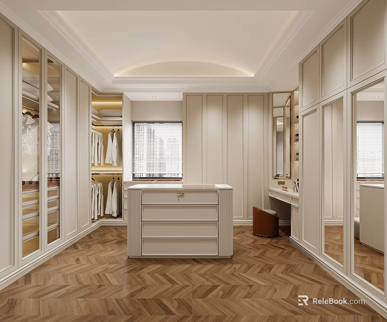 Modern Elegant Walk-in Closet Interior With Glass Door Cabinets Herringbone Wooden Flooring And Dressing Table 3d model 