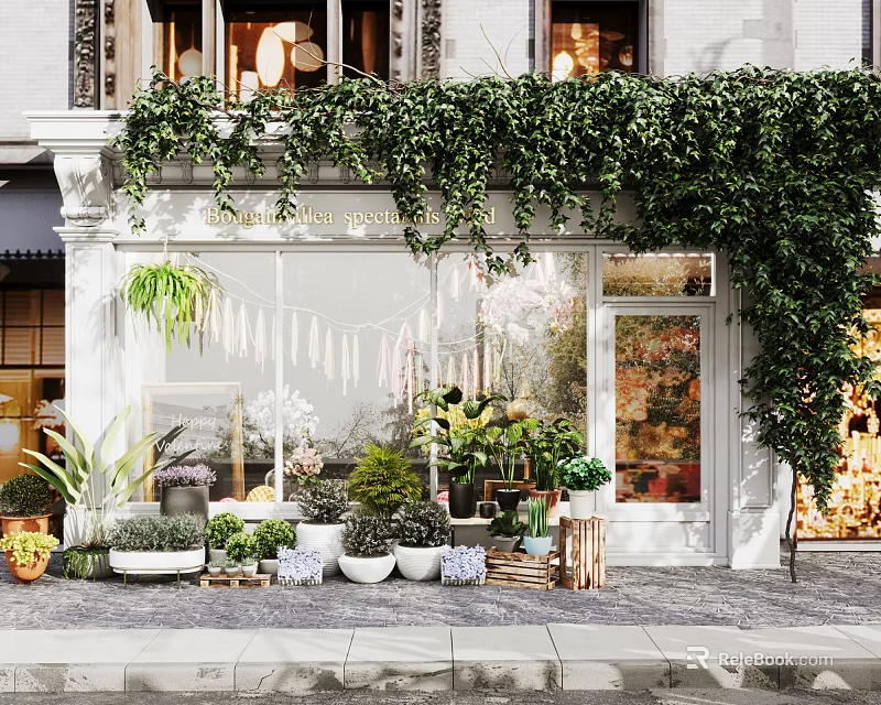 Lush Ivy Covered Storefront With Glass Windows Indoor Plants And Potted Entrance Plants 3d model 