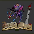 Ancient Open Book Scene Featuring Character And Purple Creature Near Red Roof Tower