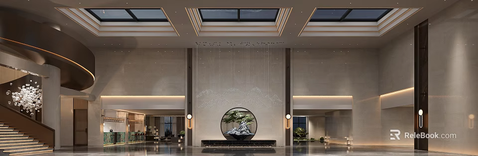 Elegant Modern Hotel Lobby Interior With Skylight Ceiling Circular Water Feature Rockery And Greenery 3d model 