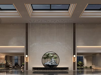 Elegant Modern Hotel Lobby Interior With Skylight Ceiling Circular Water Feature Rockery And Greenery 3d model