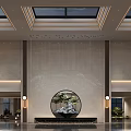 Elegant Modern Hotel Lobby Interior With Skylight Ceiling Circular Water Feature Rockery And Greenery