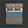 Modern Double Bed With Teal Headboard White Gold Square Patterns Orange Pillows Blanket And Bedspread