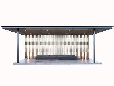 Modern Pergola with Flat Roof Vertical Slatted Screen Stone Paving and Bench Seating 3d model
