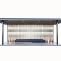 Modern Pergola with Flat Roof Vertical Slatted Screen Stone Paving and Bench Seating