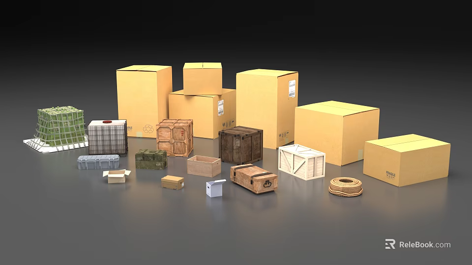 Industrial Equipment Packaging Boxes With Various Types Multiple Colors Different Sizes Arranged On Gray Background 3d model 