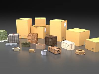 Industrial Equipment Packaging Boxes With Various Types Multiple Colors Different Sizes Arranged On Gray Background 3d model