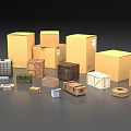 Industrial Equipment Packaging Boxes With Various Types Multiple Colors Different Sizes Arranged On Gray Background