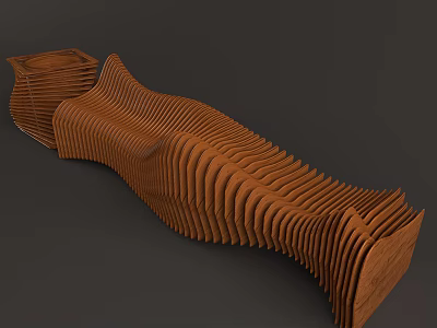 Artistic Wooden Public Chair With Wavy Layered Structure And Modern Design 3d model