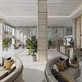 Elegant Modern Reception Desk Area With Marble Columns Decorative Backdrop Wall Green Plants And Bright Lighting