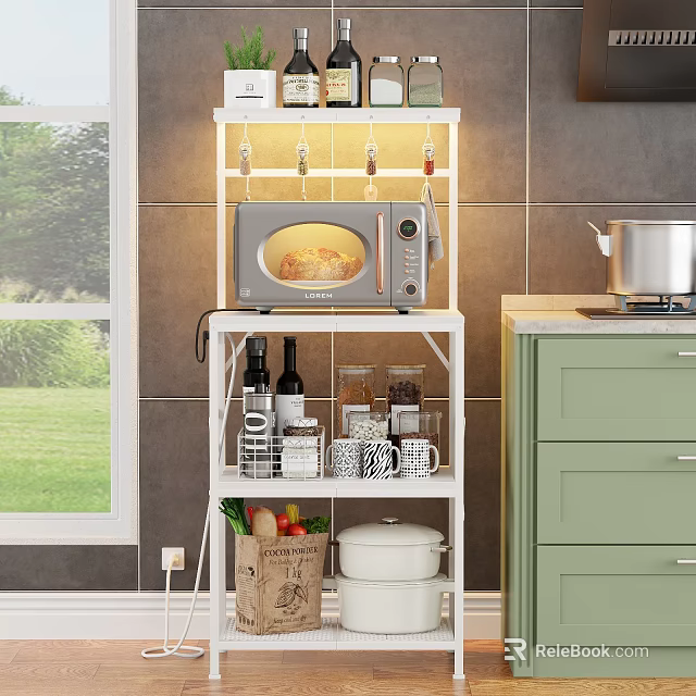 Kitchen Storage Shelf With Microwave Wine Bottles Jars Vegetables And Pots 3d model 