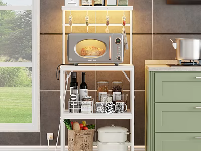 Kitchen Storage Shelf With Microwave Wine Bottles Jars Vegetables And Pots 3d model