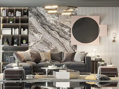 Modern Living Room Interior With Sofa Coffee Table Set Plush Pillows And Round Mirror 3d model