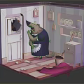Cartoon Bear Cleaning Room with Open Door Shelf Plates Scattered Items and Pink Cloth
