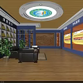 Cultural Exhibition Hall Interior With Display Boards Shelves Green Plants And Seats