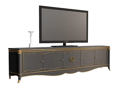 Classic Black TV Stand with Gold Accents Drawers Cabinets and TV on Top 3d model