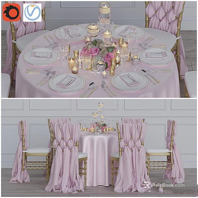 Elegant Pink Table And Golden Chair Set With Tableware Candles And Flower Bouquet 3d model 