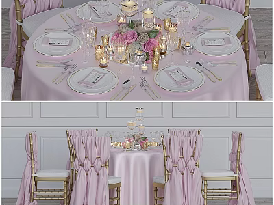 Elegant Pink Table And Golden Chair Set With Tableware Candles And Flower Bouquet 3d model