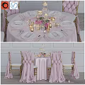 Elegant Pink Table And Golden Chair Set With Tableware Candles And Flower Bouquet