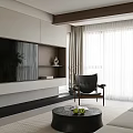 Modern Minimalist Living Dining Room Interior With Beige Sofa Round Coffee Table Rug And Plant