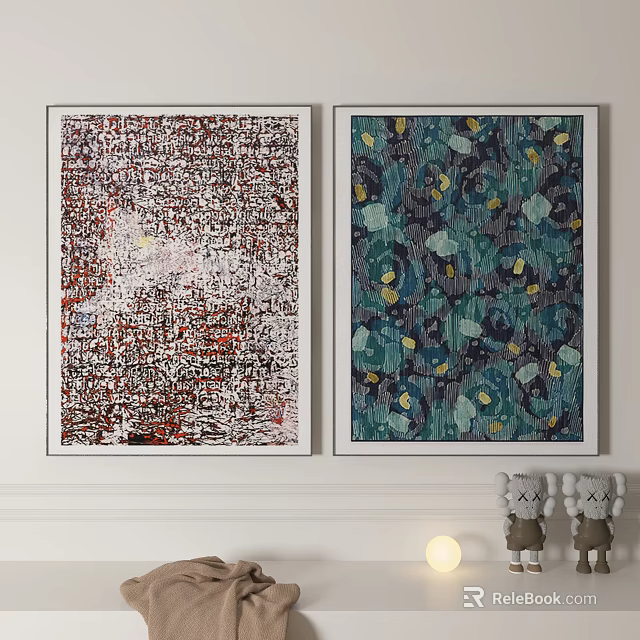 Two Framed Abstract Wall Artworks With Red White Black And Teal Green Leaf Patterns 3d model