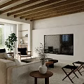 Modern Living And Dining Room Interior With Wooden Ceiling Bookshelves And Green Plants