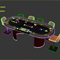 Stylish Poker Table With Red Chairs Chips And Playing Cards On Blue Felt Surface