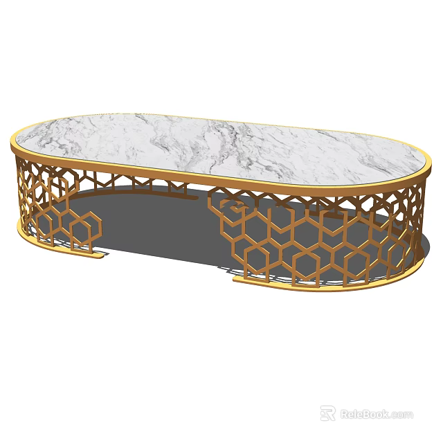 Modern Oval Coffee Table With Marble Top And Gold Hexagon Metal Frame 3d model 