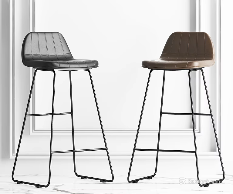 Modern Bar Stools Black and Brown with Striped Seats and Metal Frames 3d model 