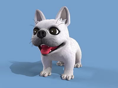 White French Bulldog 3D Model With Blue Background Smiling Open Mouth Red Tongue Standing 3d model