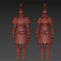 Armored Characters In Metallic Armor With Red Feather Helmets And Yellow Skirts Standing Pose