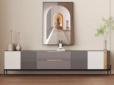 Modern Gray and White TV Stand With Drawers Cabinets Vases Figurine Wall Art and Plant 3d model