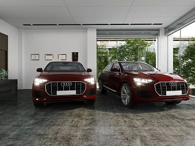 Car Dealership Showroom Displaying Two Red Audi Cars With Window Greenery View Interior 3d model