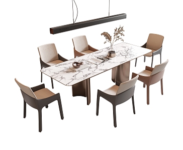 Modern Dining Table and Chair Combination Marble Long Dining Table Leather Dining Chair Chandelier Green Plant Books Ornaments 3d model