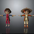 Two Cartoon Characters In Traditional Clothing With Red Blue Coats Flower Hairpin Bamboo Hat