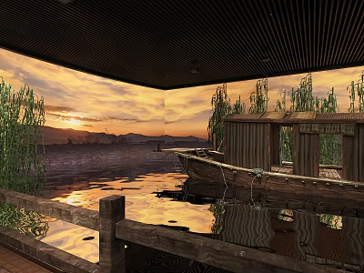 Scenic Sunset View Over Calm Water With Wooden Boat Weeping Willows And Distant Mountains 3d model