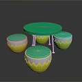 Round Green Dining Table With Four Egg Shaped Yellow And White Stools Modern Smooth Surface