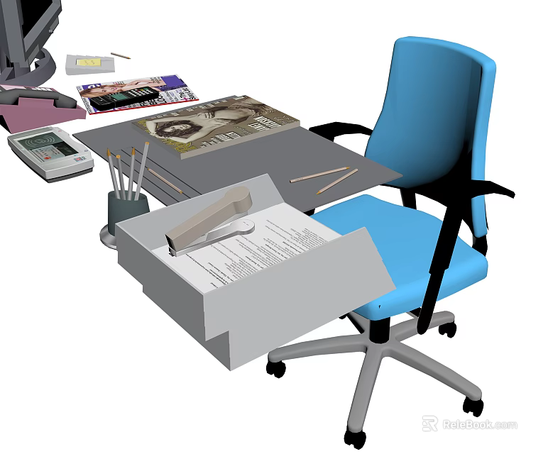 Gray Office Desk Setup With Blue Chair Documents Magazines Calculator Pencils And Open Drawer 3d model 