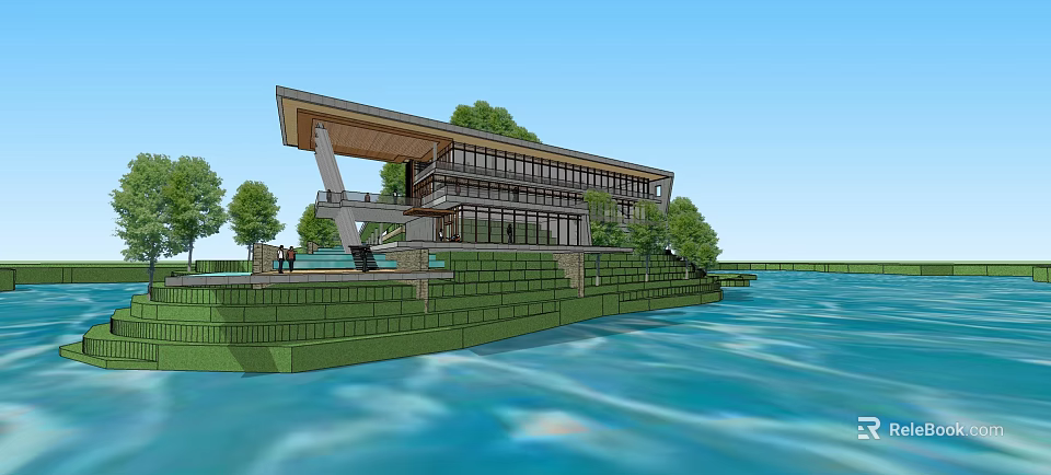 Modern Waterfront Building With Glass Facade Trees Lawn And Terrace Design 3d model 