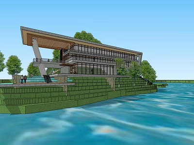 Modern Waterfront Building With Glass Facade Trees Lawn And Terrace Design 3d model