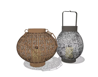Brown And Black Decorative Candle Lanterns With Woven Patterns And Laser Cut Designs 3d model