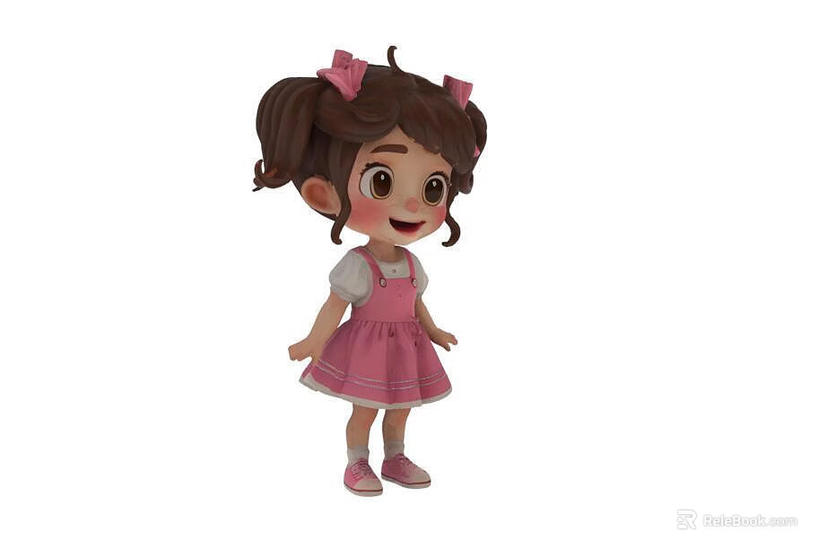 Cute Cartoon Game Movie Character Little Girl with Brown Pigtails Pink Bows and Overalls Dress 3d model 