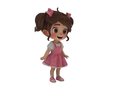 Cute Cartoon Game Movie Character Little Girl with Brown Pigtails Pink Bows and Overalls Dress 3d model
