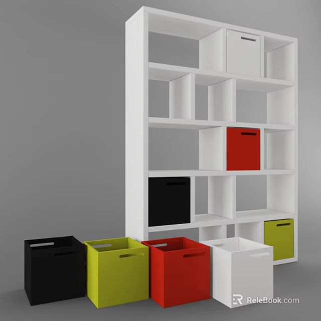 Modern White Storage Shelf With Multiple Compartments And Colorful Storage Bins 3d model