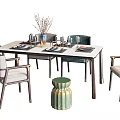 Elegant Modern Dining Table Set With Chairs Tableware And Decorative Stool 3d model